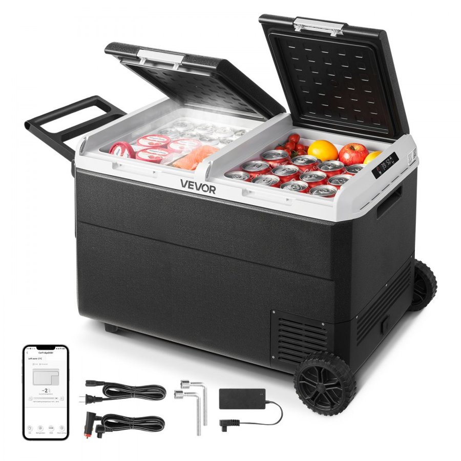 VEVOR 12 Volt Car Refrigerator, 95L Car Fridge, Dual Zone Portable Electric Cooler with Wheels and Handle, -20℃ to 20℃, 12/24V DC 100-240V AC Compressor Freezer for Outdoor, Camping, Travel, RV