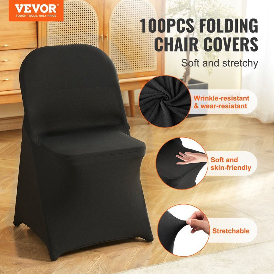 VEVOR Stretch Spandex Folding Chair Covers, Universal Fitted Chair Cover, Removable Washable Protective Slipcovers, for Wedding, Holiday, Banquet, Party, Celebration, Dining (100PCS Black)