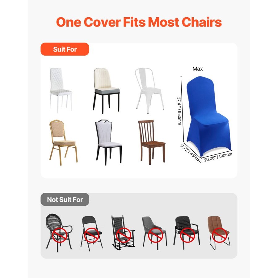 VEVOR 50 Pcs Royal Blue Chair Covers, Polyester Spandex Chair Cover, Stretch Slipcovers for Wedding Party Dining Banquet Flat-Front Chair Covers, Fits Chair Measures up to 20.08 x 17.72 x 37.4 inch