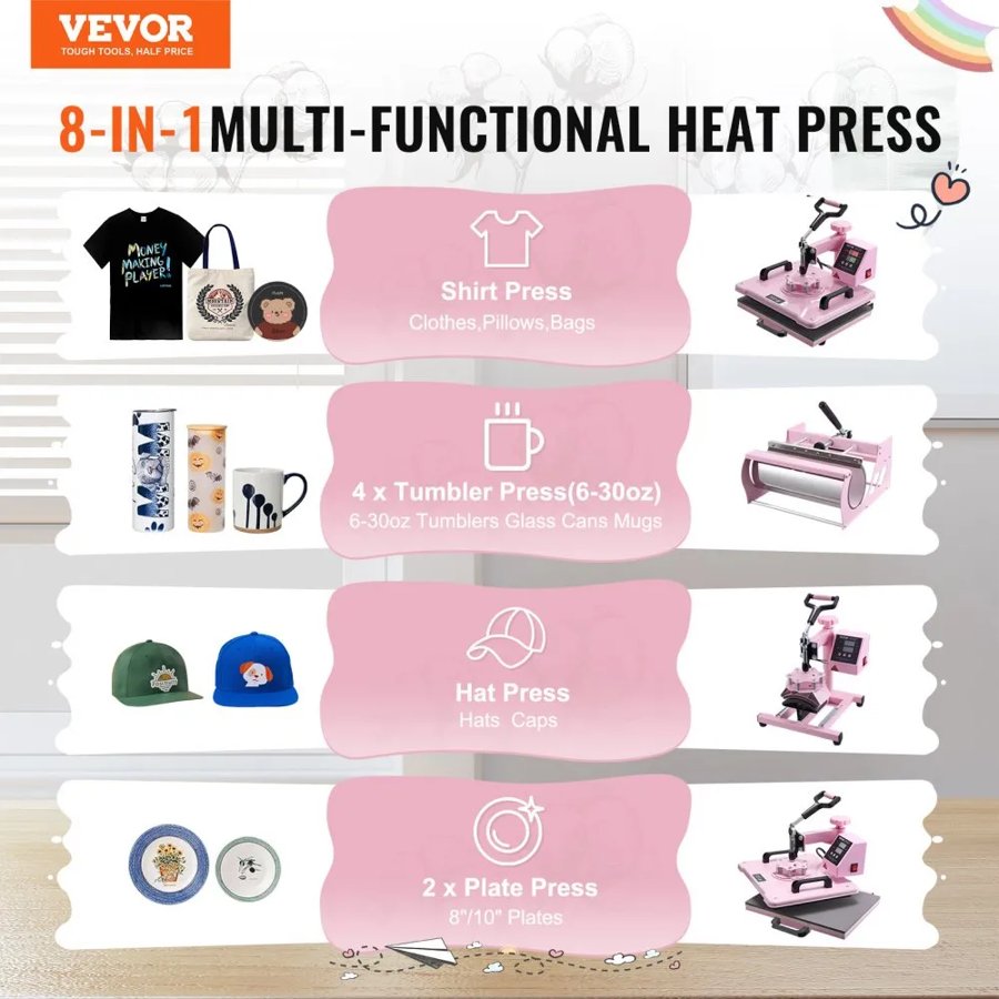 VEVOR Heat Press Machine 30.5x38.1 cm 8 in 1 with 850.5 g Tumbler Press T-Shirts Pink
