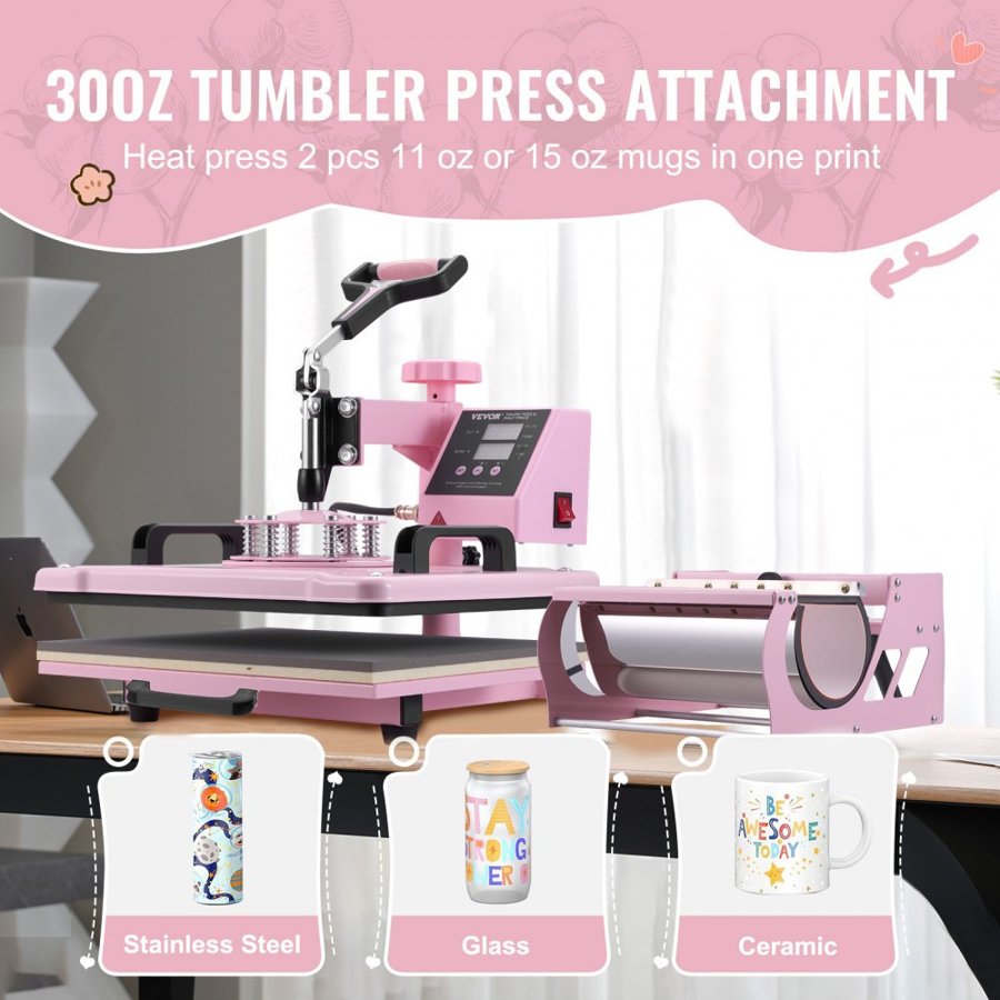 VEVOR Heat Press Machine 30.5x38.1 cm 8 in 1 with 850.5 g Tumbler Press T-Shirts Pink