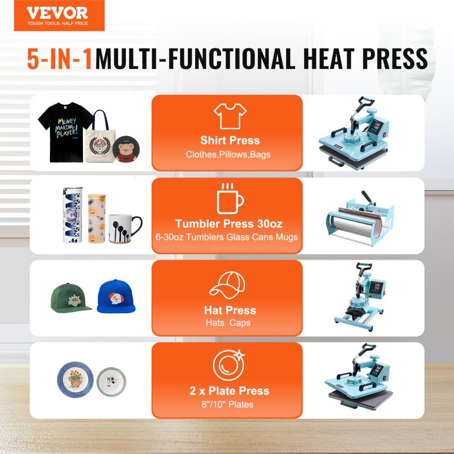 VEVOR Heat Press Machine 300 x 380 mm 8 in 1 with 850.5 g Tumbler Press T-Shirts Green