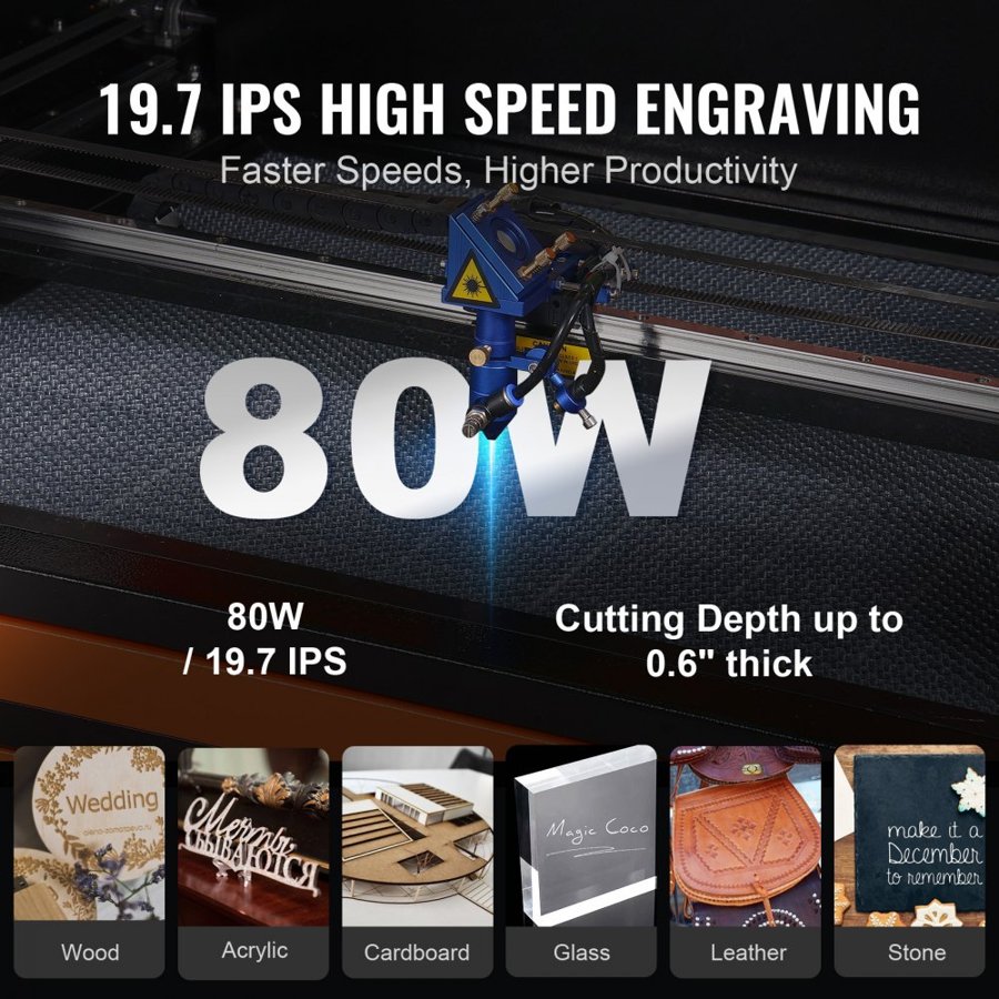 VEVOR 80W CO2 Laser Engraver, 51 x 71 cm(20 x 28 in), 500 mm/s(19.7 IPS) Laser Cutter Machine with 2-Way Pass Air Assist, Compatible with LightBurn, CorelDRAW, AutoCAD, Windows, Mac OS, Linux, for Wood Acrylic Fabric More
