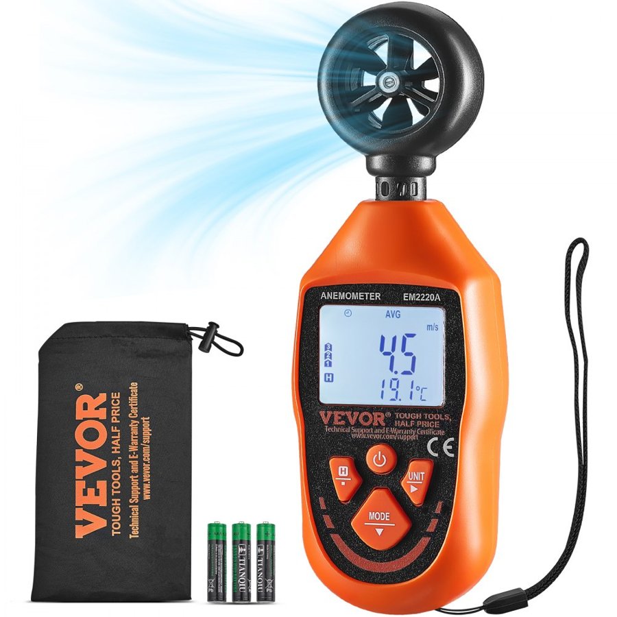 VEVOR Handheld Anemometer, 14℉-113℉, Digital Wind Speed Meter Gauge with LED Backlight Screen, Measures Wind Velocity Wind Temperature Air Flow Wind Chill, for Sailing Surfing Drone Flying HVAC