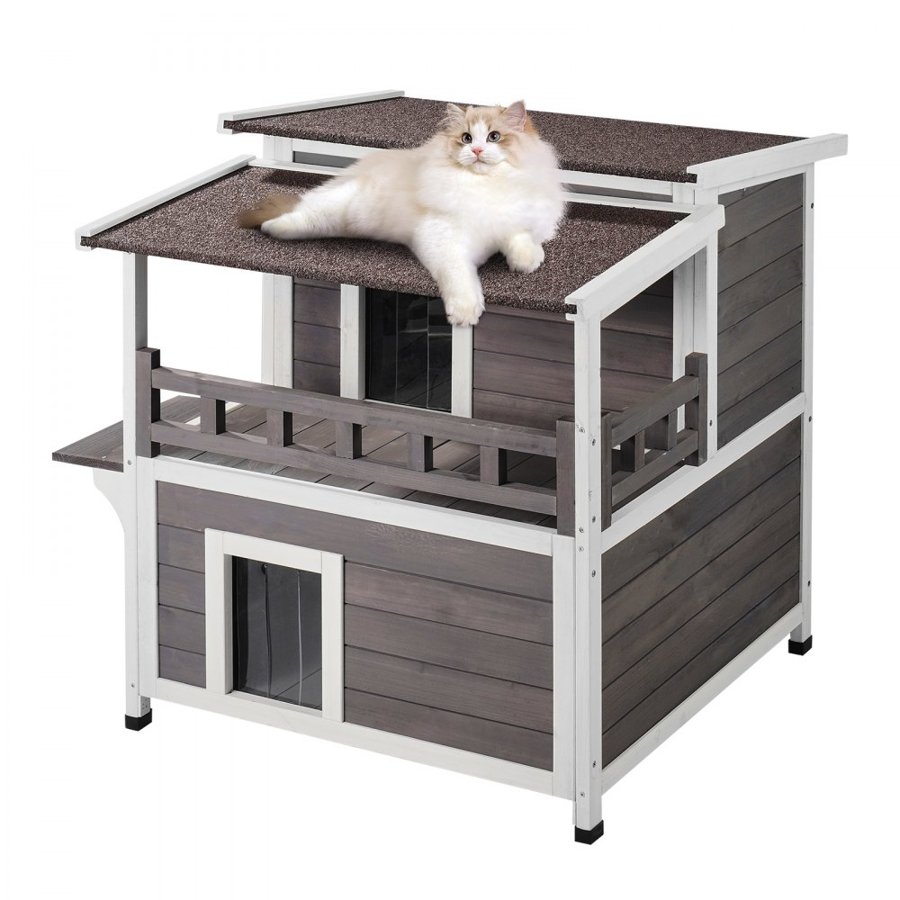 VEVOR Outdoor Cat House Weatherproof, Feral Cat Shelter for Multiple Cats, 2-story Large Outdoor Wooden Cat House with Balcony, Doors, PVC Door Flaps and Open Roof, 30"L x 30"W x 32"H