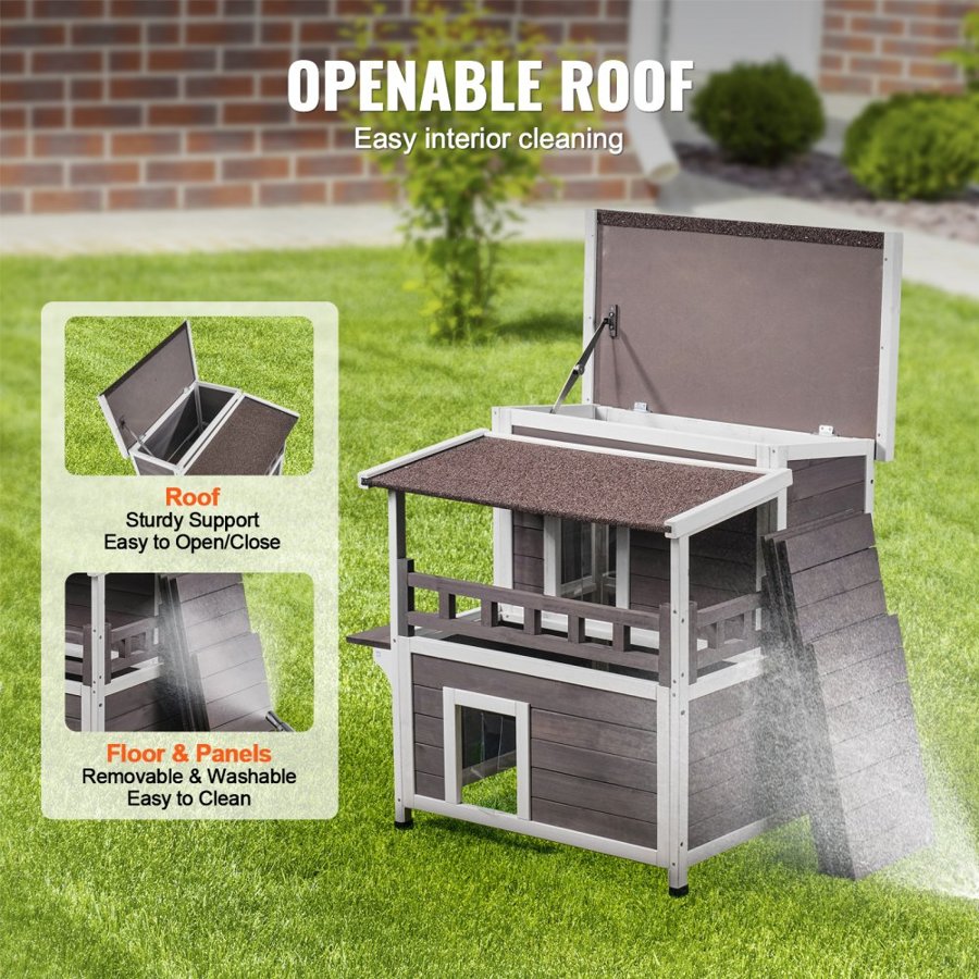VEVOR Outdoor Cat House Weatherproof, Feral Cat Shelter for Multiple Cats, 2-story Large Outdoor Wooden Cat House with Balcony, Doors, PVC Door Flaps and Open Roof, 30"L x 30"W x 32"H