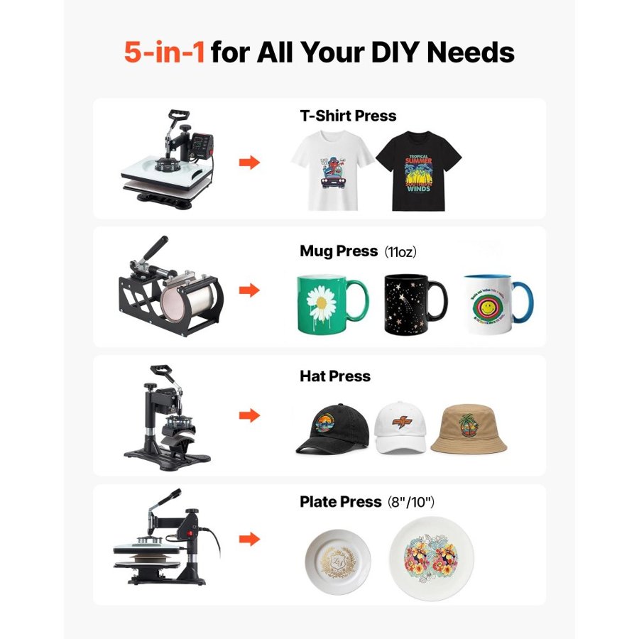 VEVOR 5 in 1 Heat Press Machine – 12x15 in, 1000W Combo