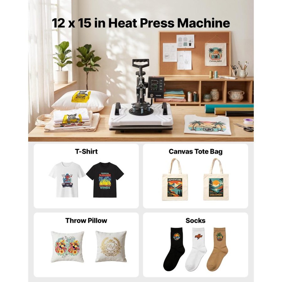 VEVOR Heat Press Machine 29 x 38 cm Sublimation Press Machine Swing Away, Heat Up Fast and Even, Digital Precise Time and Temperature Control, for T-Shirts, Canvas Tote Bags, Pillowcases, Socks