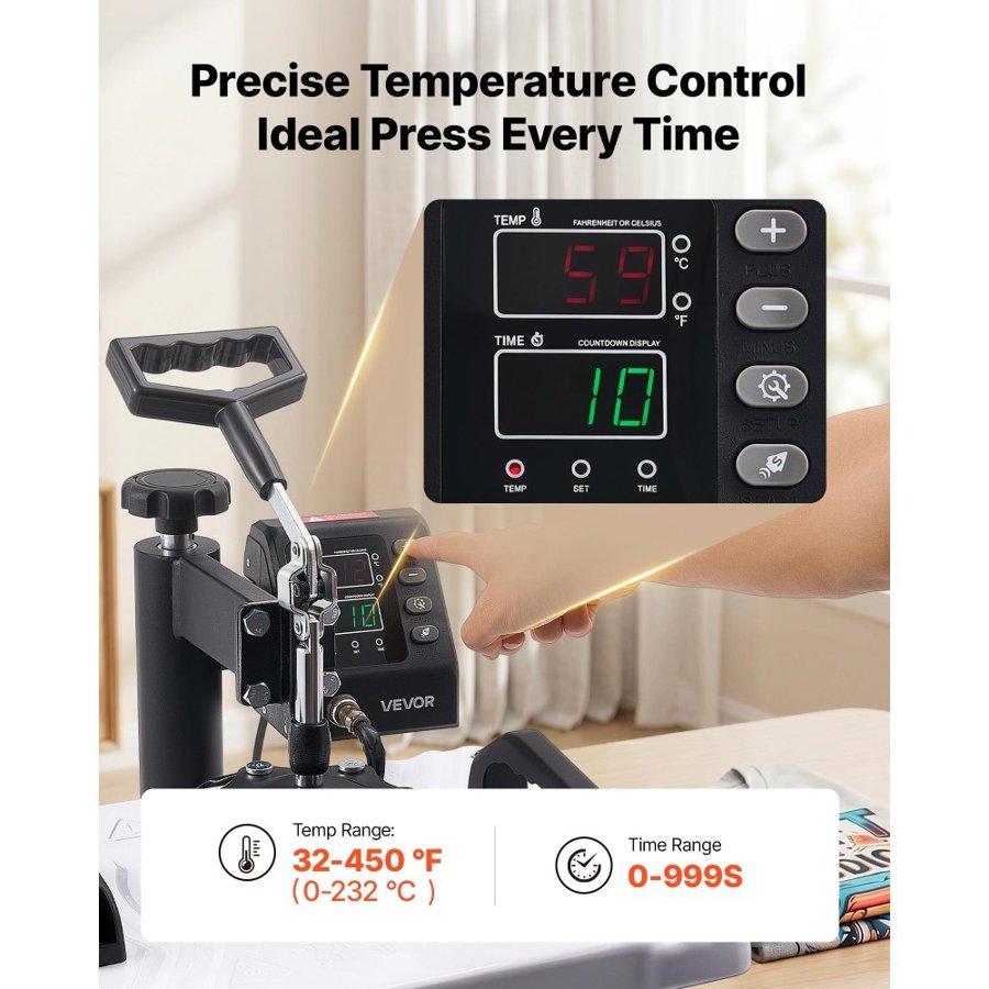 VEVOR Heat Press Machine 29 x 38 cm Sublimation Press Machine Swing Away, Heat Up Fast and Even, Digital Precise Time and Temperature Control, for T-Shirts, Canvas Tote Bags, Pillowcases, Socks