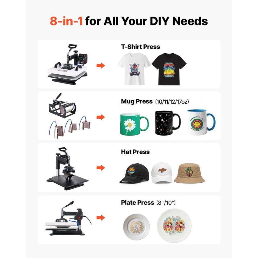 VEVOR 8 in 1 Heat Press Machine – 38x38cm, 1250W Combo