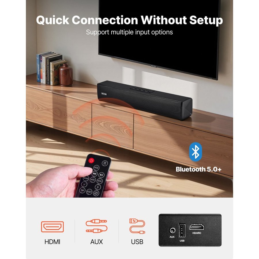 VEVOR Sound Bar for Smart TV, 2.0 Channel, 450 mm Compact Soundbar TV Speakers for Projector, Bluetooth AUX Connection, Remote Control, Easy Setup, 80W Surround Sound System for PC Home Theater Audio