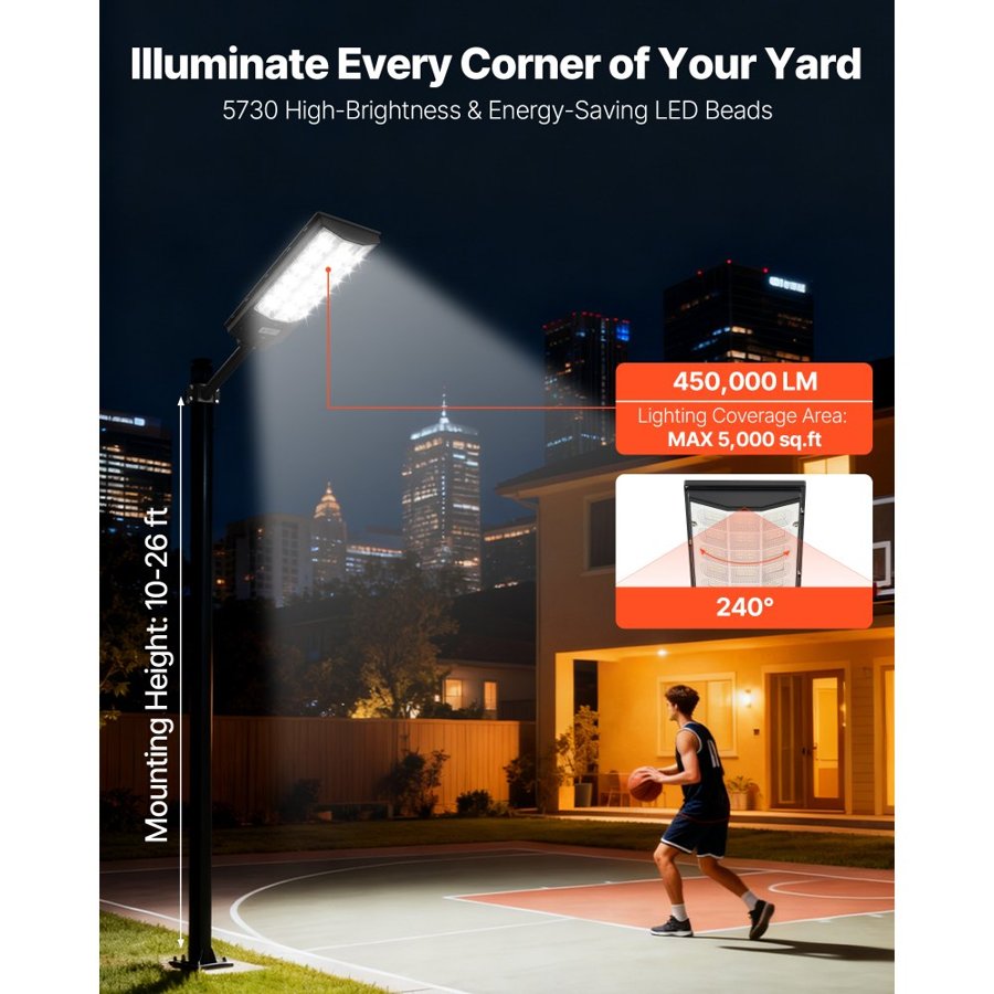 VEVOR 8000W Solar Street Lights Outdoor, 450000LM, Commercial Parking Lot Lights Dusk to Dawn, LED Flood Security Lamp with Motion Sensor, IP65 Waterproof Outdoor Lighting, for Driveway Yard, 3 Pack