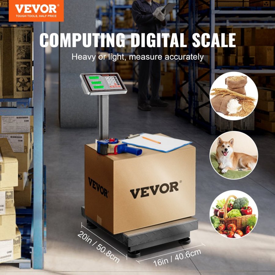 VEVOR Computing Digital Platform Scale, 300 kg Load, 50 g High Accuracy, Electronic Floor Scale with LB/KG, Tare, Price Calculator, AC/DC Power Supply, Fit for Luggage, Shipping, Packages, Postage