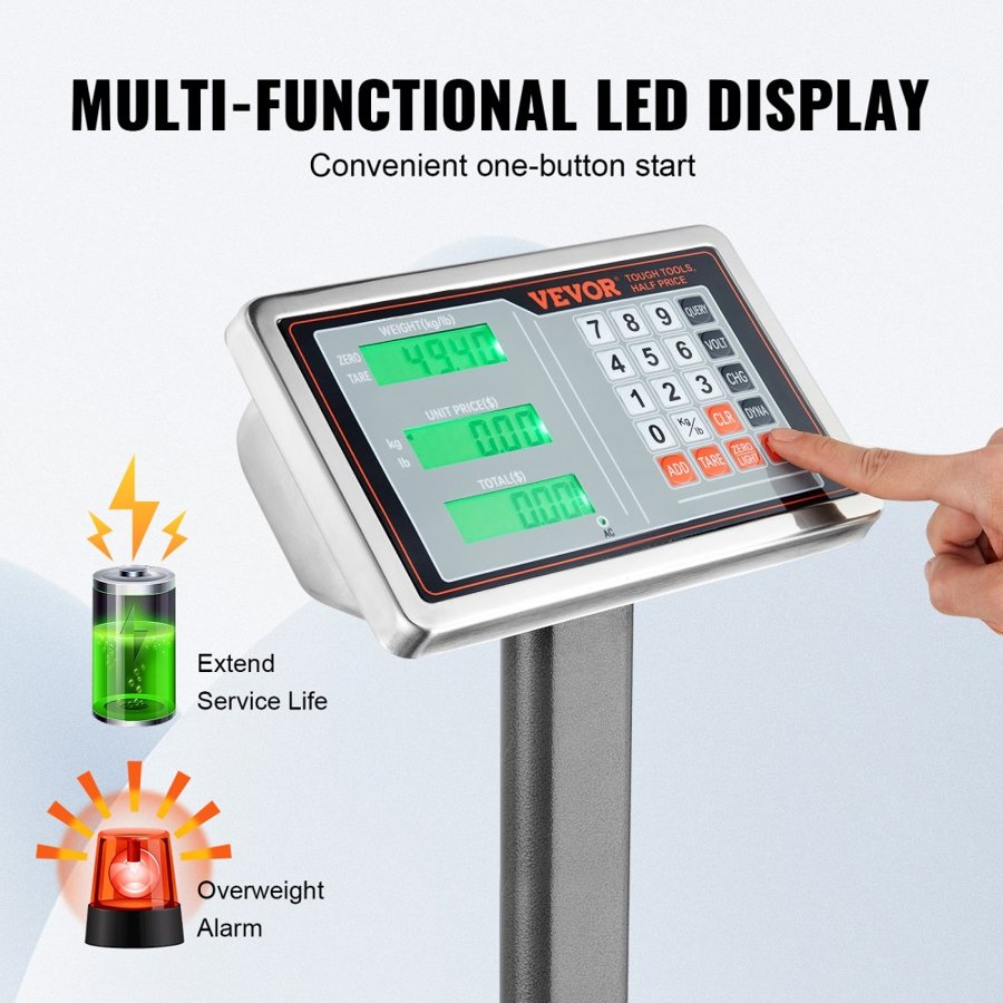 VEVOR Computing Digital Platform Scale, 300 kg Load, 50 g High Accuracy, Electronic Floor Scale with LB/KG, Tare, Price Calculator, AC/DC Power Supply, Fit for Luggage, Shipping, Packages, Postage