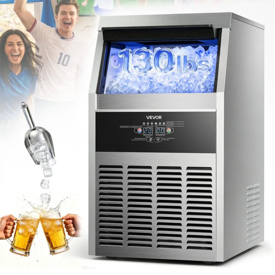 VEVOR Commercial Ice Maker Machine, 59 kg/24h with 14 kg Storage Capacity, Built-in/Freestanding/Under Counter, Stainless Steel Ice Maker with LED Display & Self-Cleaning, for Home Bar Restaurant