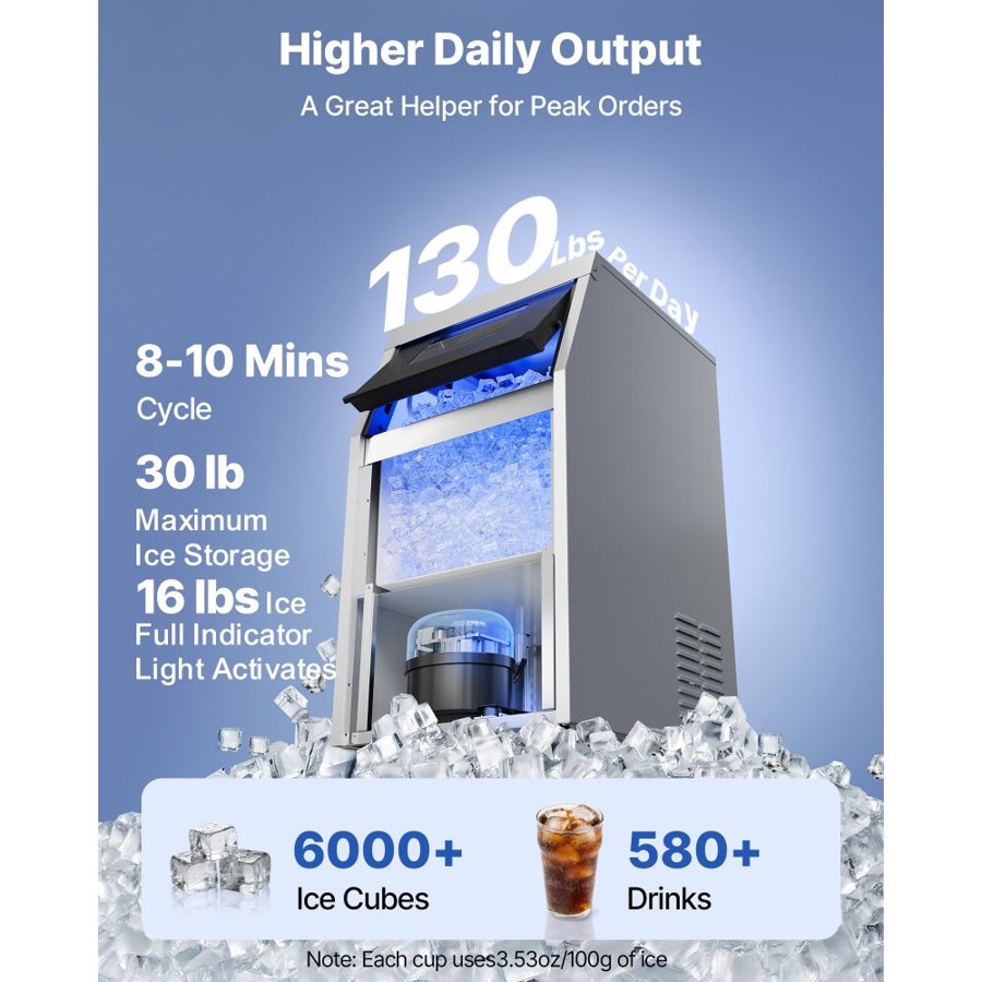 VEVOR Commercial Ice Maker Machine, 59 kg/24h with 14 kg Storage Capacity, Built-in/Freestanding/Under Counter, Stainless Steel Ice Maker with LED Display & Self-Cleaning, for Home Bar Restaurant