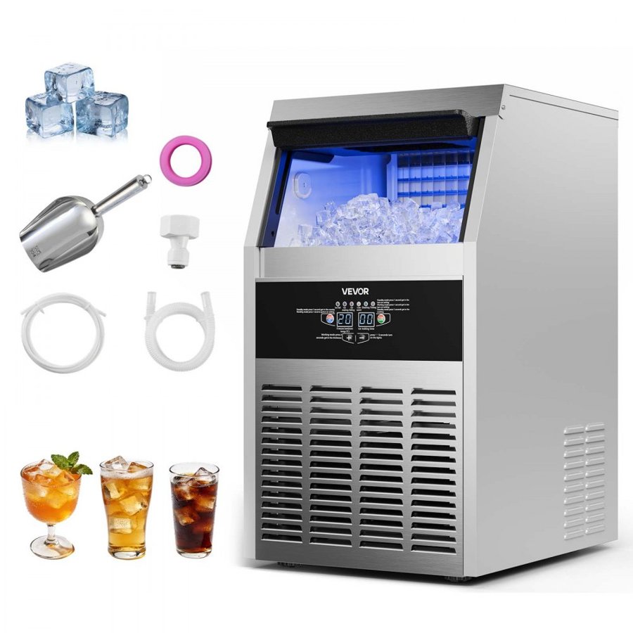VEVOR Commercial Ice Maker Machine, 73 kg/24h with 14 kg Storage Capacity, Built-in/Freestanding/Under Counter, Stainless Steel Ice Maker with LED Display & Self-Cleaning, for Home Bar Restaurant