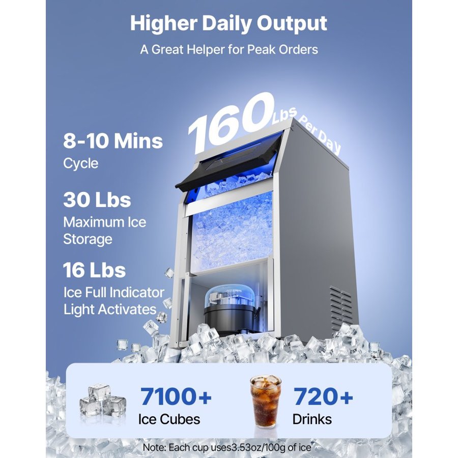 VEVOR Commercial Ice Maker Machine, 73 kg/24h with 14 kg Storage Capacity, Built-in/Freestanding/Under Counter, Stainless Steel Ice Maker with LED Display & Self-Cleaning, for Home Bar Restaurant