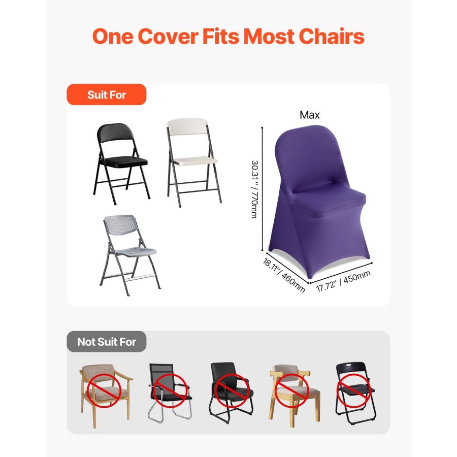 VEVOR 50 Pcs Purple Chair Covers, Polyester Spandex Chair Cover, Stretch Slipcovers for Wedding Party Dining Banquet Flat-Front Chair Covers, Fits Chair Measures up to 17.72 x 18.11 x 30.31 inch