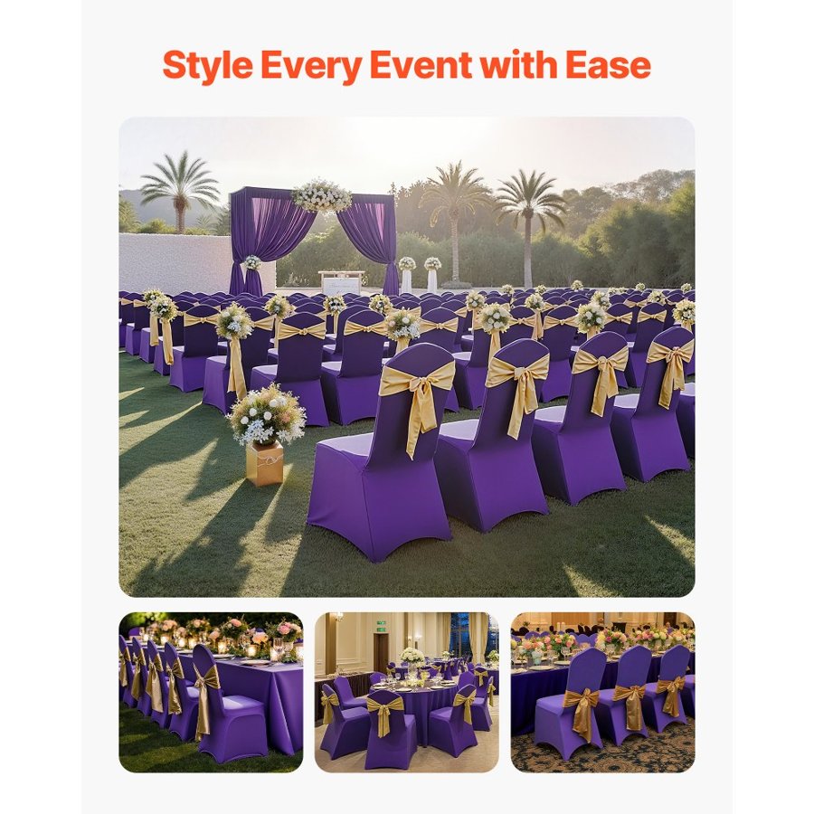 VEVOR 50 Pcs Purple Chair Covers, Polyester Spandex Chair Cover, Stretch Slipcovers for Wedding Party Dining Banquet Flat-Front Chair Covers, Fits Chair Measures up to 20.08 x 17.72 x 37.4 inch