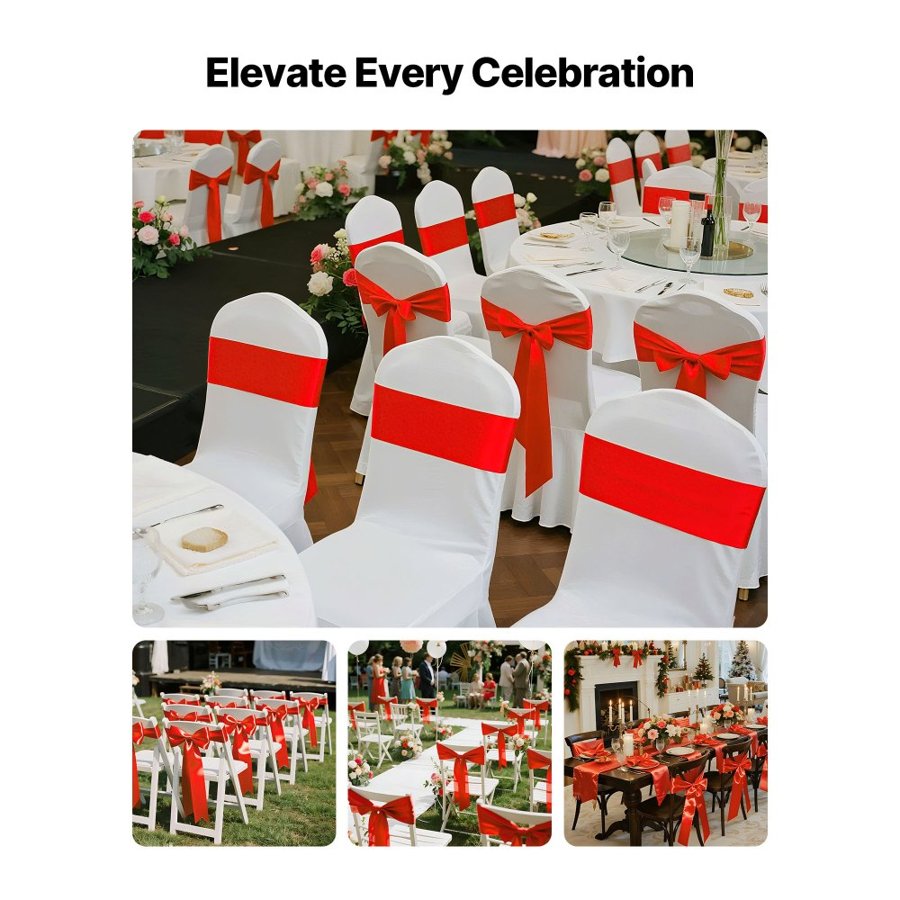 VEVOR Red Chair Sashes – 7x108" Satin Bows, 50 Pack