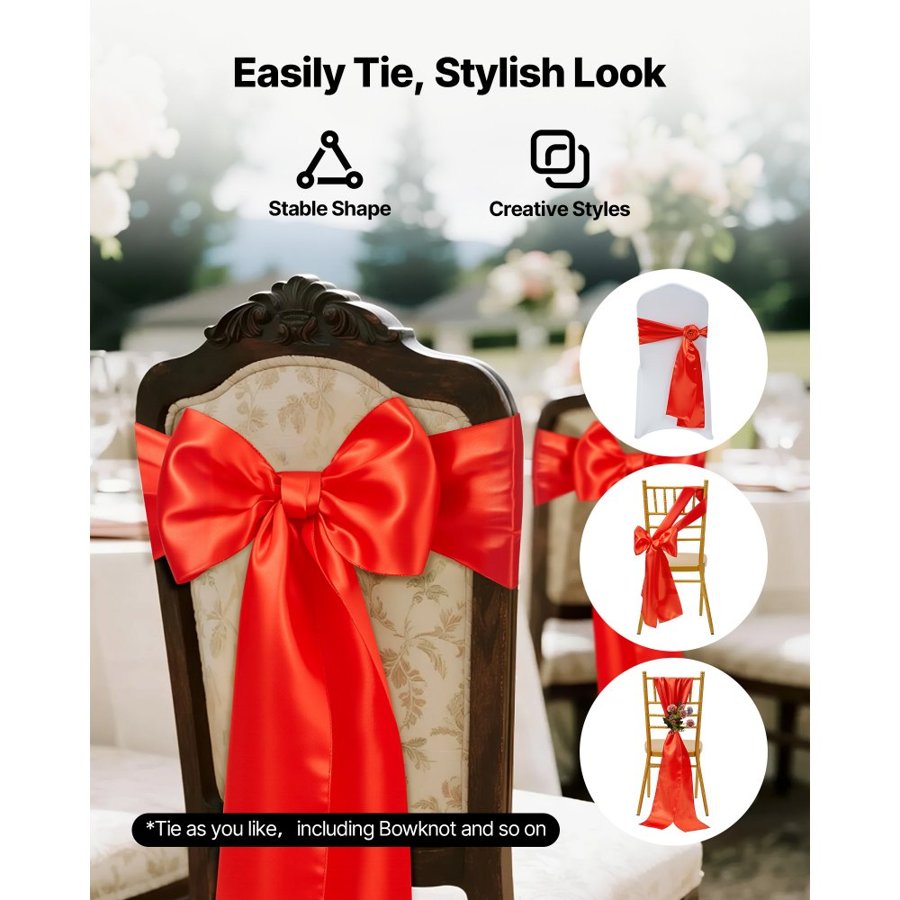 VEVOR Red Chair Sashes – 7x108" Satin Bows, 50 Pack