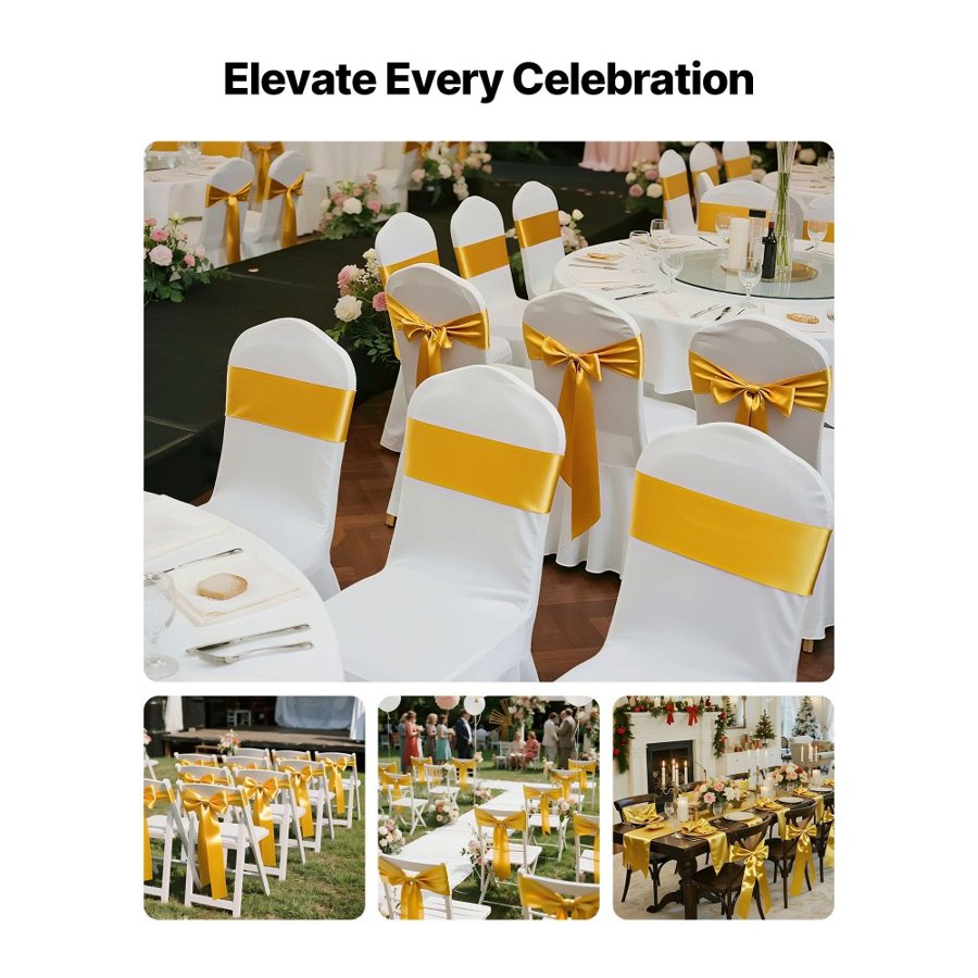 VEVOR Satin Chair Sashes Bows, 50PCS Chair Ribbon Ties Back Sash, 7 x 108 inch, Gold Wedding Reception Decoration, for Wedding Ceremony Baby Shower Party Events Banquet Chair Cover Decoration