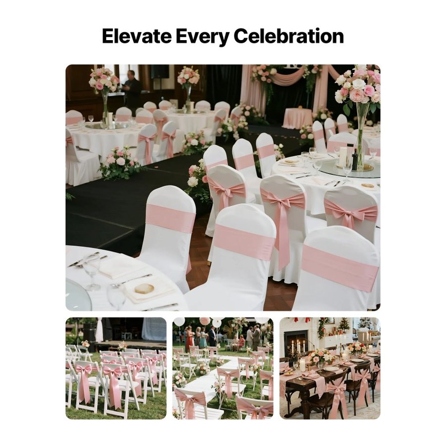 VEVOR Rose Gold Satin Chair Sashes – 275x17 cm, 50 Pack