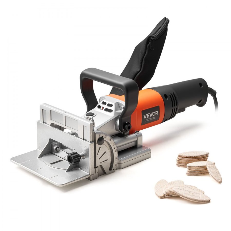 VEVOR Biscuit Plate Joiner, 5.9A, Plate Joiner Tool Kit with 11,600 RPM 760W Motor, 45-Degree Locating Notch, Carbide Tipped Blade, Wood Biscuits, Dust Bag, Adjustable Angle & Depth, for Woodworking