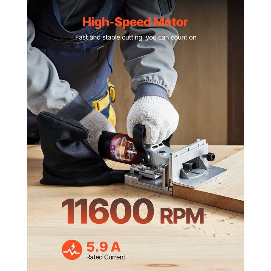 VEVOR Biscuit Plate Joiner, 5.9A, Plate Joiner Tool Kit with 11,600 RPM 760W Motor, 45-Degree Locating Notch, Carbide Tipped Blade, Wood Biscuits, Dust Bag, Adjustable Angle & Depth, for Woodworking