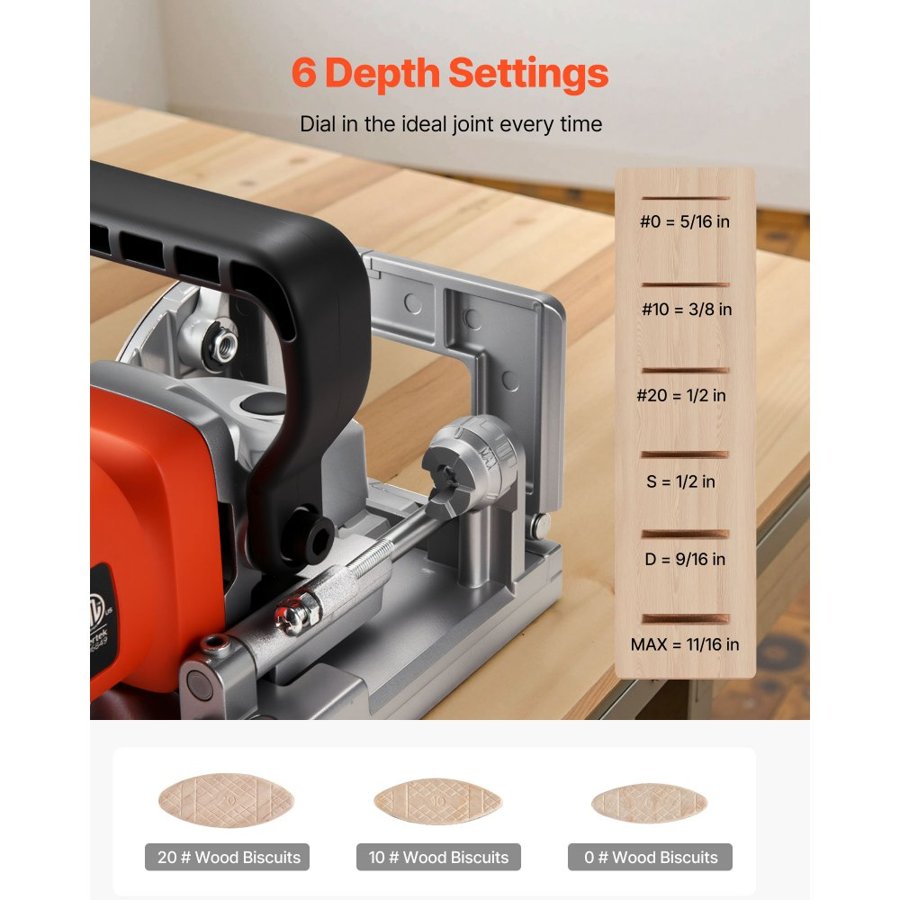 VEVOR Biscuit Plate Joiner, 5.9A, Plate Joiner Tool Kit with 11,600 RPM 760W Motor, 45-Degree Locating Notch, Carbide Tipped Blade, Wood Biscuits, Dust Bag, Adjustable Angle & Depth, for Woodworking
