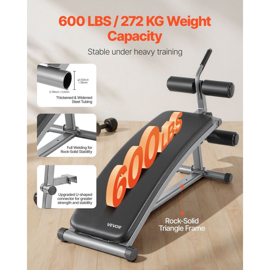 VEVOR Sit Up Bench, Curved Decline Ab Bench with Reverse Crunch Handle, with 6 Adjustable Height Setting, Heavy Duty Steel, 272 Kg Capacity for Home Gym Workouts, Strength Training, Full Body Muscles