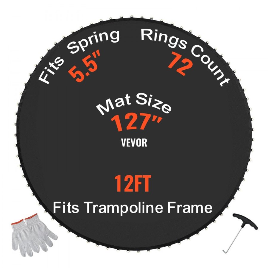 VEVOR Replacement Trampoline Mat, Jumping Mat Fits 12ft Frame, Universal Jumping Mat for 12ft Round Trampoline, Reinforce UV-Resistant Mat with Spring Tool & Durable V-Rings, Fit 5.5" Spring Length