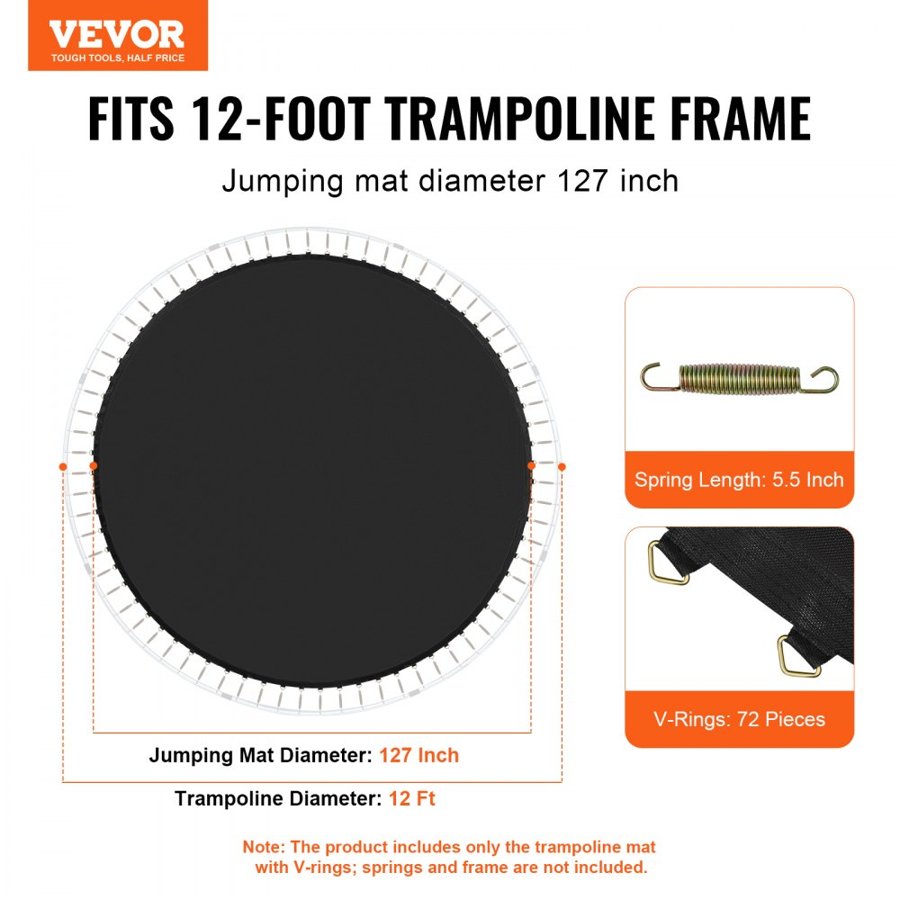 VEVOR Replacement Trampoline Mat, Jumping Mat Fits 12ft Frame, Universal Jumping Mat for 12ft Round Trampoline, Reinforce UV-Resistant Mat with Spring Tool & Durable V-Rings, Fit 5.5" Spring Length
