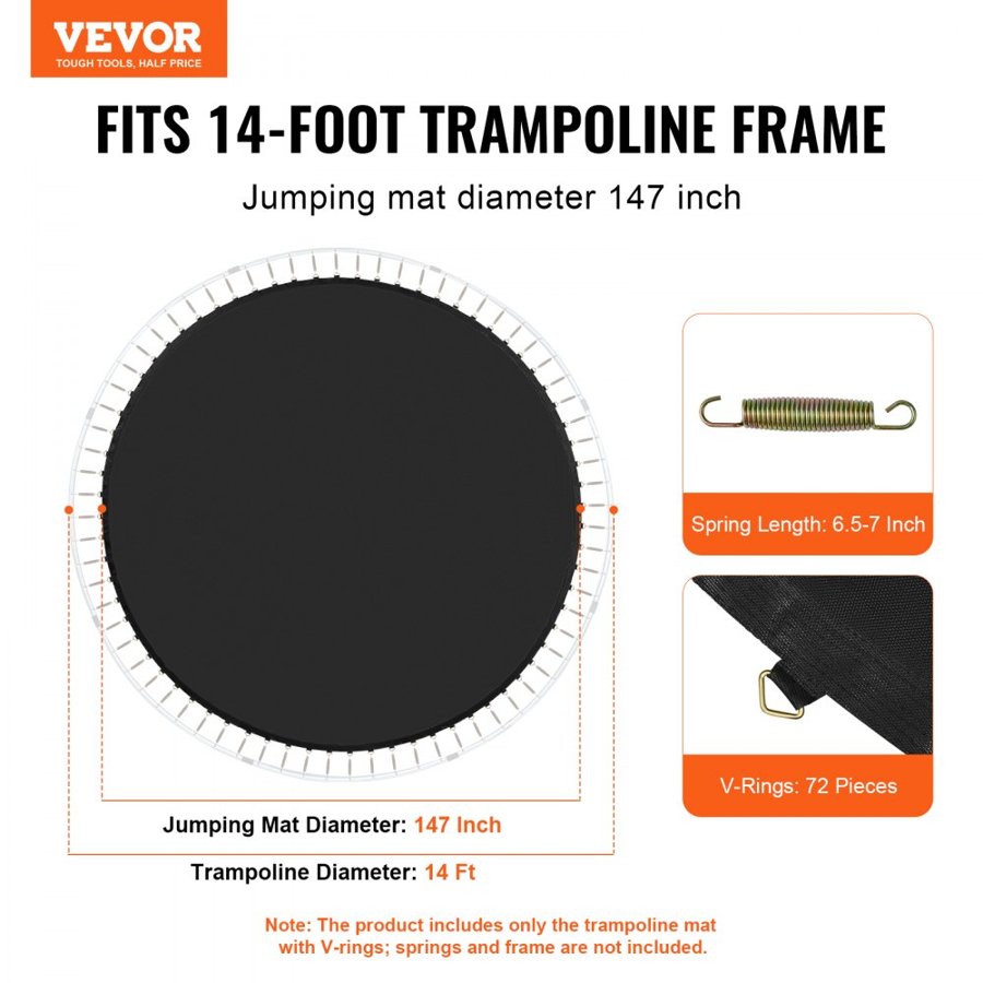 VEVOR Replacement Trampoline Mat, Jumping Mat Fits 14ft Frame, Universal Jumping Mat for 14ft Round Trampoline, Reinforce UV-Resistant Mat with Spring Tool & Durable V-Rings, Fit 6.5"-7" Spring Length