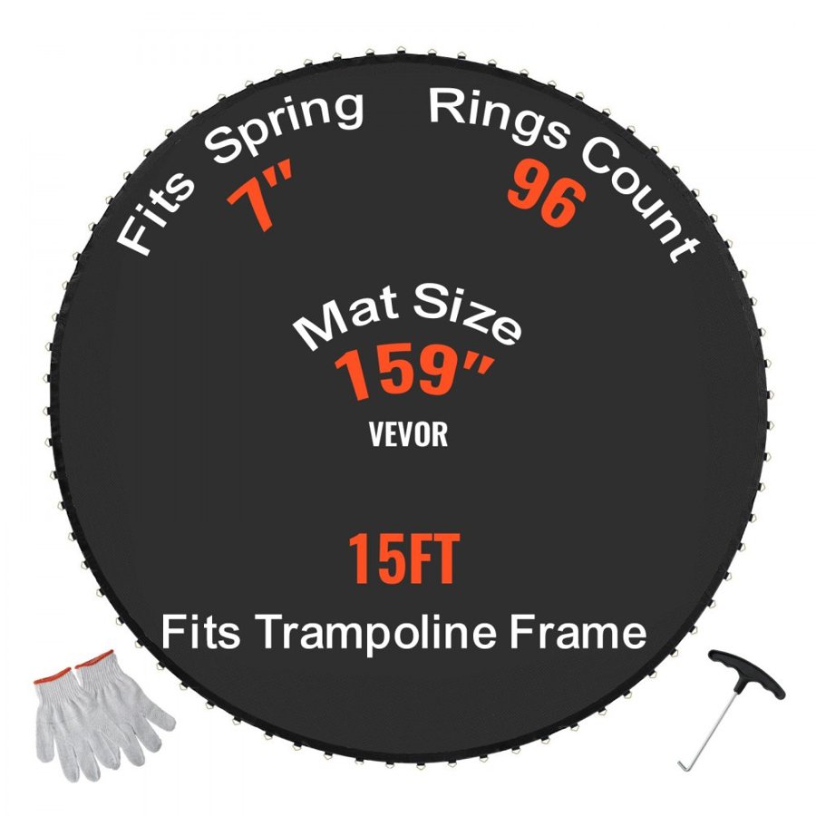 VEVOR Replacement Trampoline Mat, Jumping Mat Fits 15ft Frame, Universal Jumping Mat for 15ft Round Trampoline, Reinforce UV-Resistant Mat with Spring Tool & Durable V-Rings, Fit 7" Spring Length