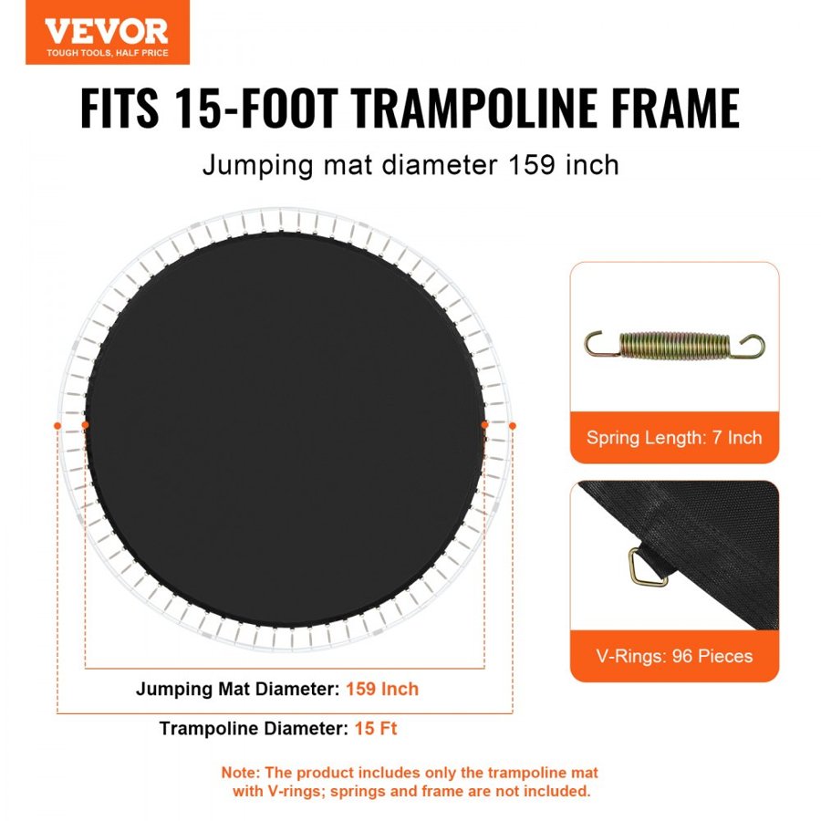 VEVOR Replacement Trampoline Mat, Jumping Mat Fits 15ft Frame, Universal Jumping Mat for 15ft Round Trampoline, Reinforce UV-Resistant Mat with Spring Tool & Durable V-Rings, Fit 7" Spring Length