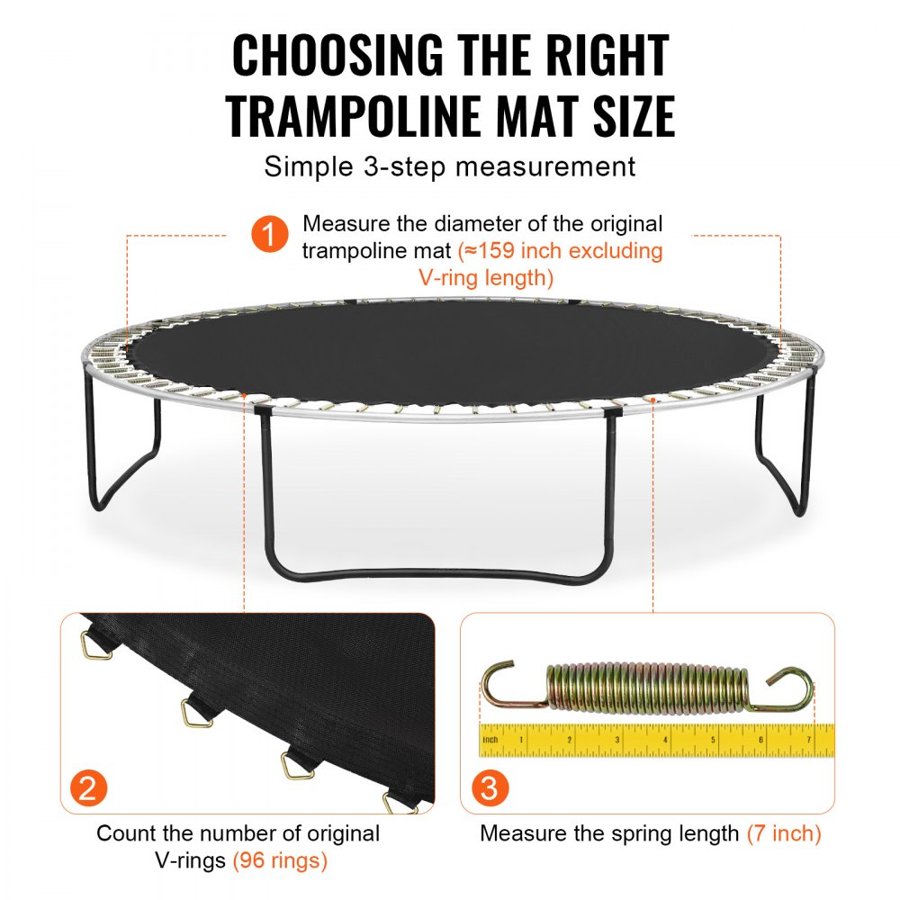 VEVOR Replacement Trampoline Mat, Jumping Mat Fits 15ft Frame, Universal Jumping Mat for 15ft Round Trampoline, Reinforce UV-Resistant Mat with Spring Tool & Durable V-Rings, Fit 7" Spring Length