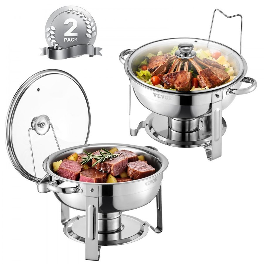 VEVOR Stainless Steel Chafer Dish – 5 Qt, 2 Pack, Glass Lid