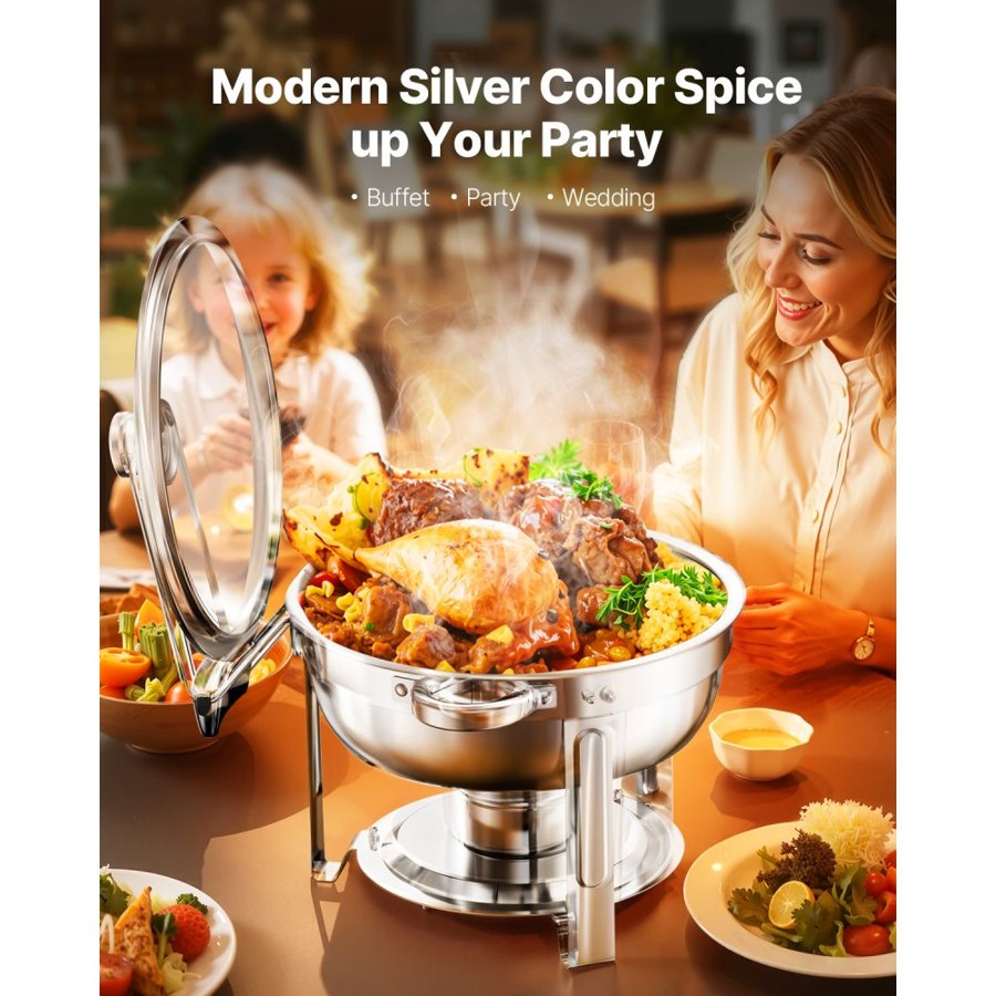 VEVOR Stainless Steel Chafer Dish – 5 Qt, 2 Pack, Glass Lid