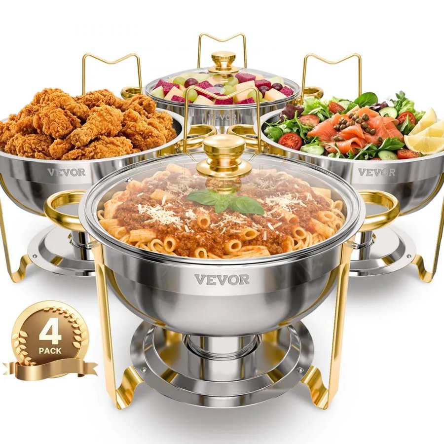 VEVOR Chafing Dish Buffet Set, 5 Qt 4 Pack, Stainless Steel Chafer with 4 Full Size Pan, Round Catering Warmer Server with Glass Lid Water Pan Folding Stand Fuel Holder, for Wedding Party Banquet, Gold
