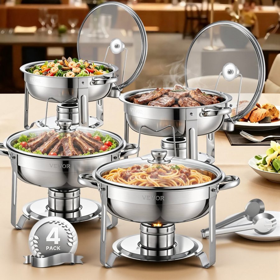 VEVOR Chafing Dish Buffet Set, 5 Qt 4 Pack, Stainless Steel Chafer with 4 Full Size Pan, Round Catering Warmer Server with Glass Lid Water Pan Folding Stand Fuel Holder, for Wedding Party Banquet