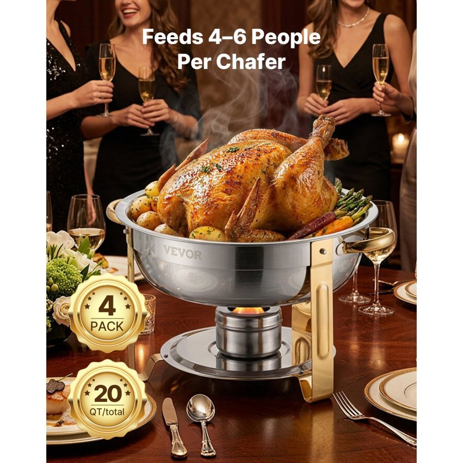 VEVOR Round Gold Chafing Dish – 5QT, 4 Pack, 4 Pans