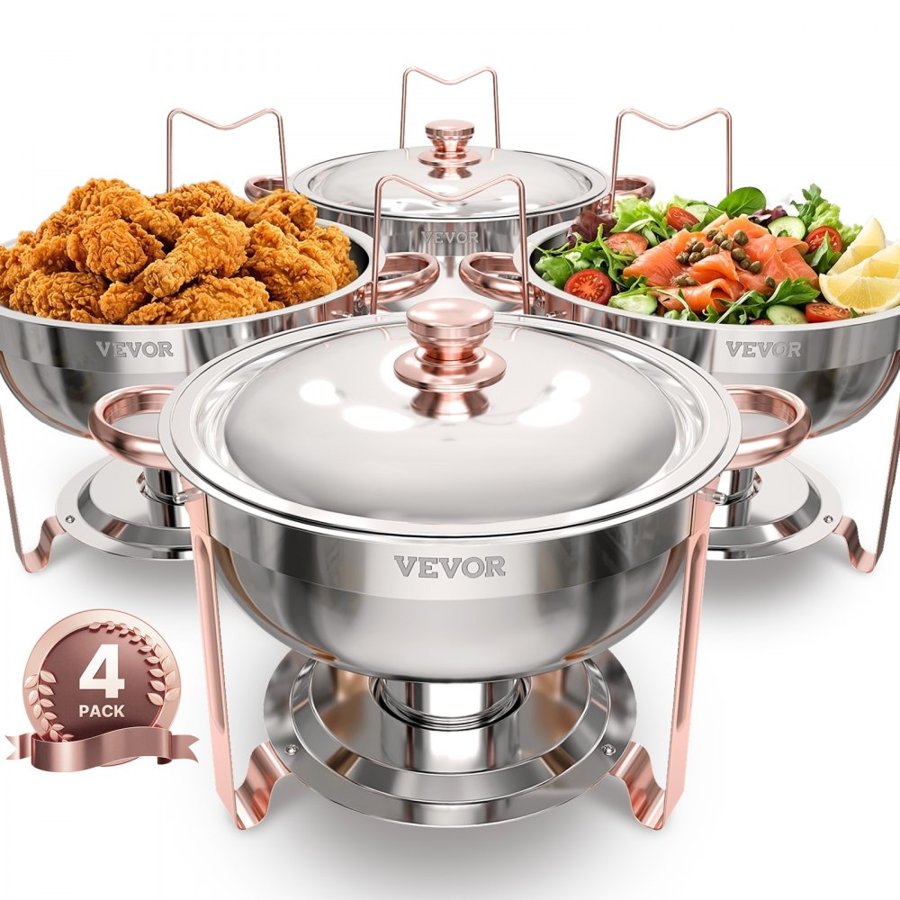VEVOR Chafing Dish Buffet Set, 5 Qt 4 Pack, Stainless Steel Chafer with 4 Full Size Pans, Round Catering Warmer Server with Lid Water Pan Folding Stand Clip, for Weddings Parties Banquets, Rose Gold