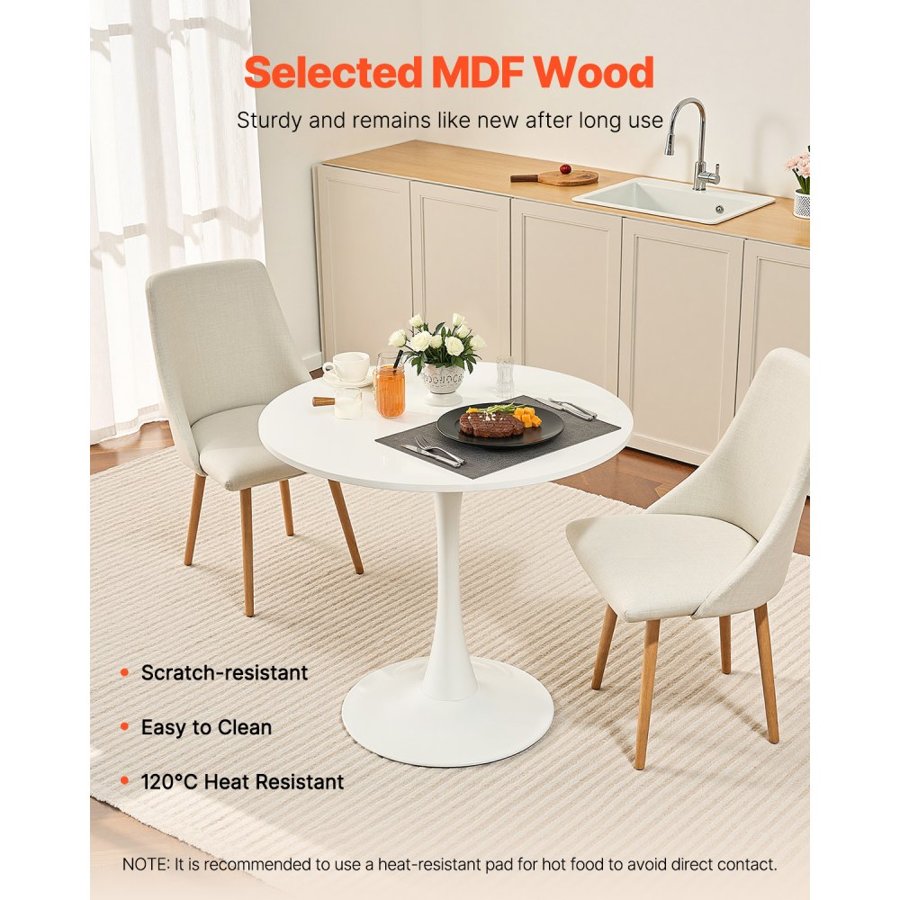 VEVOR Round Dining Table, 31.5 in Wood Table for 2-4 Person, Modern Circle Furniture, Leisure Coffee Office Tables with Pedestal Base in Tulip Design, for Home Kitchen Living Room, White(Only Table)
