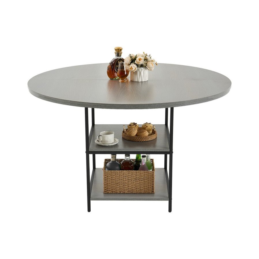 VEVOR Round Dining Table, 47 inch Wood Table for 4-6 Person, Modern Circle Dinner Furniture, Leisure Tables with Storage Shelf and Metal Legs, for Home Kitchen Living Room, Grey (Only Table)