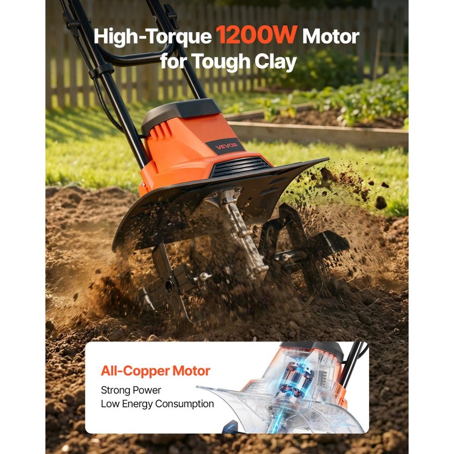 VEVOR Corded Electric Tiller, 36cm Tilling Width Garden Rototiller, 1200W Motor Heavy-Duty Tilling Machine, Cultivator with Steel Tines and Foldable Handle, for Lawn, Yard, and Gardening Care