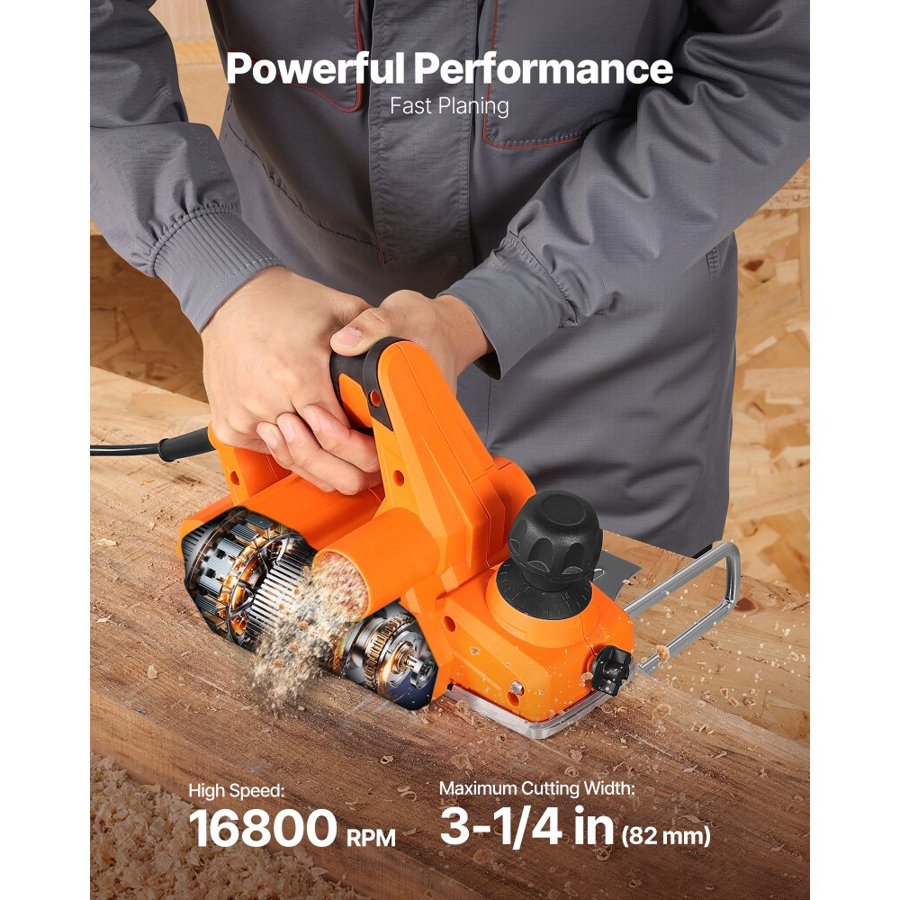 VEVOR Electric Hand Planer, 82 mm Cut Width, 650W 16800 RPM Corded Power Handheld Planer for Wood, with Adjustable Cut Depth, 2 Blades, for Woodworking Wood Chamfer DIY Smooth Finish Carpentry Tool