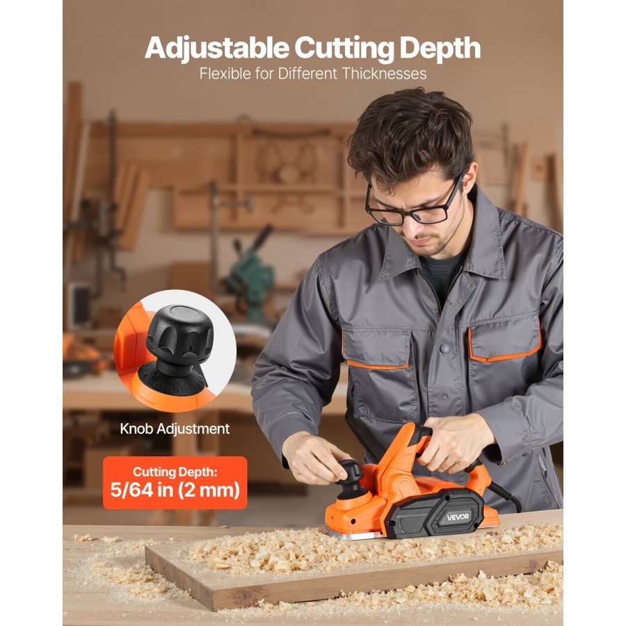 VEVOR Electric Hand Planer, 82 mm Cut Width, 650W 16800 RPM Corded Power Handheld Planer for Wood, with Adjustable Cut Depth, 2 Blades, for Woodworking Wood Chamfer DIY Smooth Finish Carpentry Tool