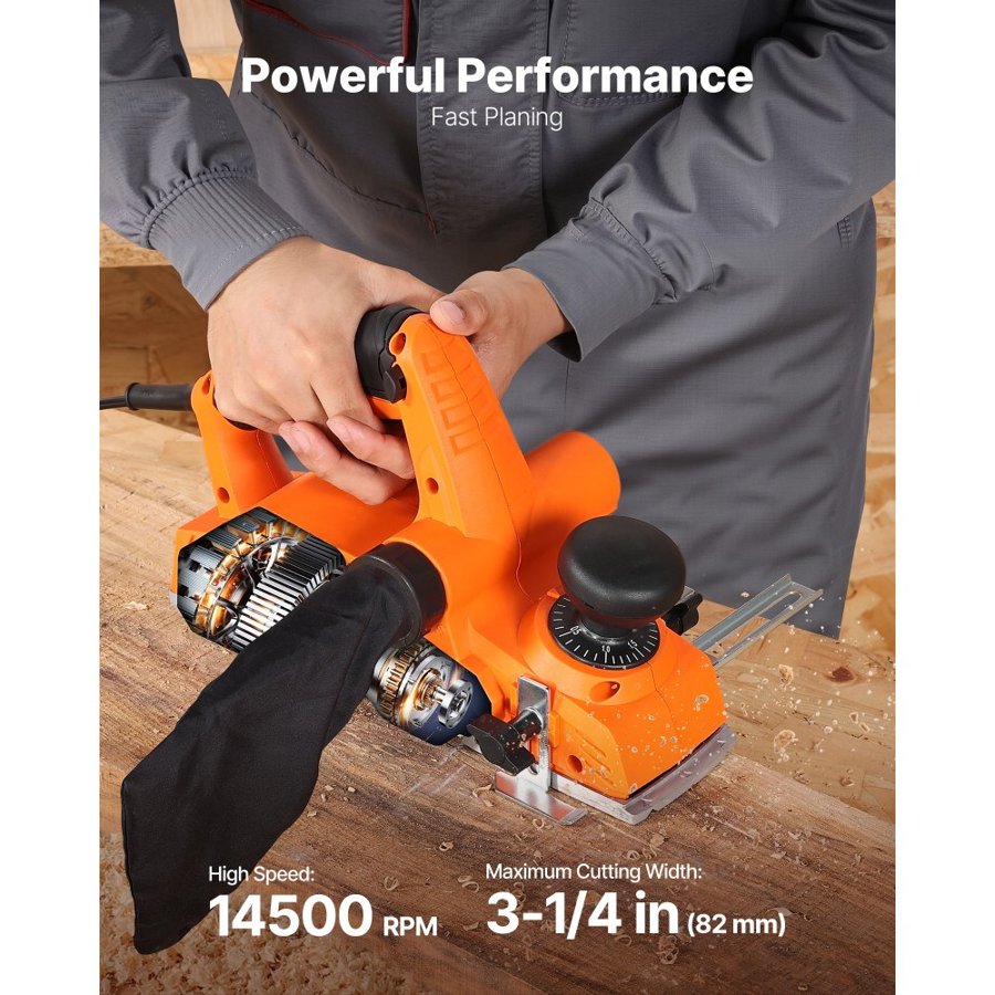 VEVOR Electric Hand Planer, 82 mm Cut Width, 900W 14500 RPM Corded Power Handheld Planer for Wood, with Adjustable Cut Depth, 2 Blades, for Woodworking Wood Chamfer DIY Smooth Finish Carpentry Tool